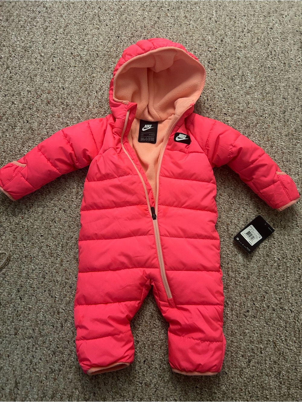 Nike Coral Pink Toddler Puffer One-Piece Snowsuit - 12 Months
